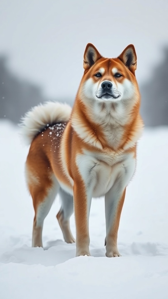 An Akita standing proudly in the snow, showcasing its strong build and loyal nature.
