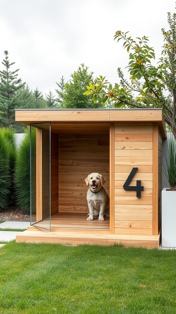 A modern minimalist dog house with a wooden exterior and glass panel, featuring a happy dog inside.