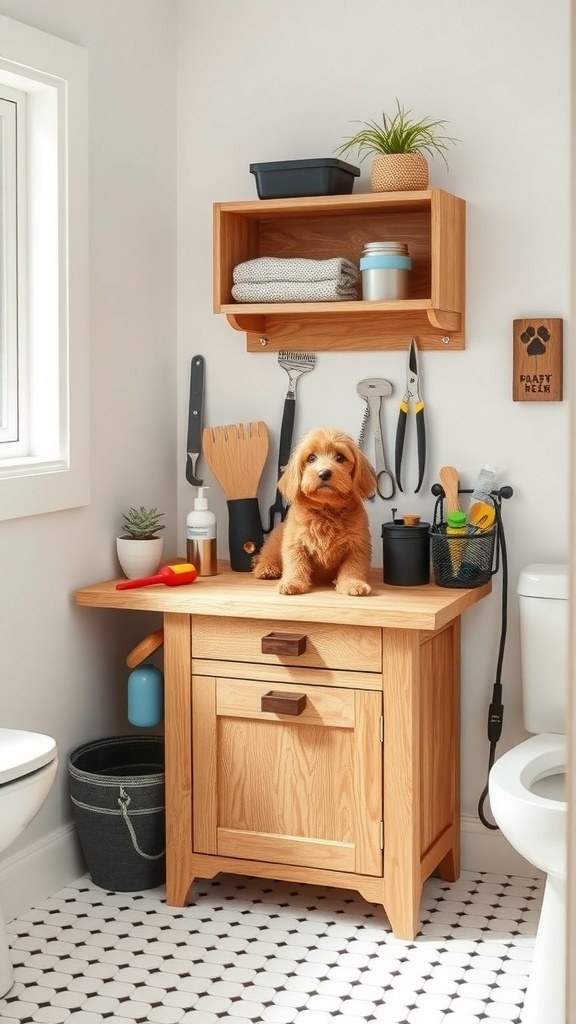 A cozy dog grooming station featuring a wooden table, grooming tools, and a dog sitting on top.