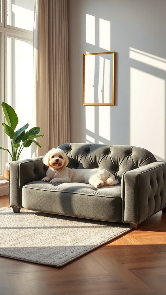A fluffy dog lounging on a stylish sofa-style dog bed in a bright room.