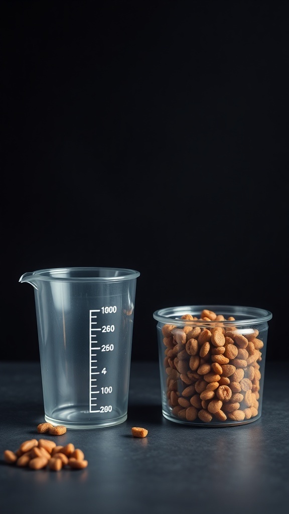 Measuring cup next to a container of dog kibble, emphasizing portion control for freshness.
