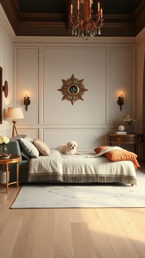 A luxury indoor dog suite featuring a comfortable bed, elegant decor, and a small dog relaxing on the bed.