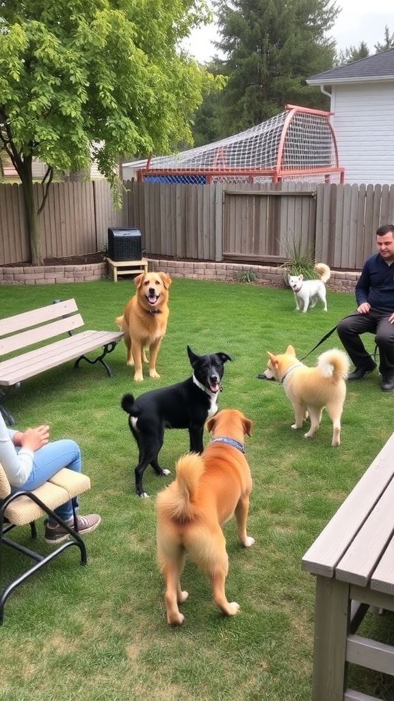 A backyard socialization zone with dogs playing and people seated.