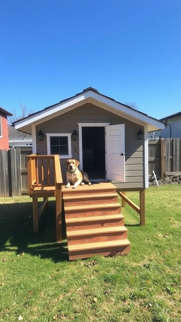 A raised dog house with a deck, featuring a dog sitting on the steps.