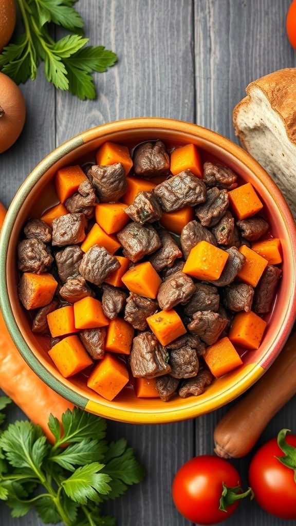 A bowl of beef and sweet potato dog food with fresh ingredients around it.