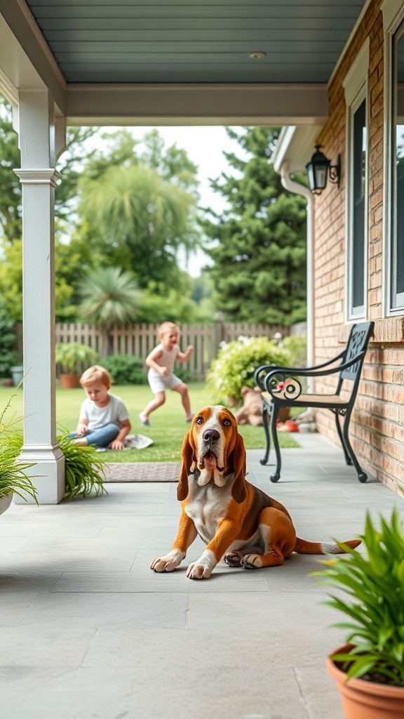 A Basset Hound sitting on a porch with children playing in the background.