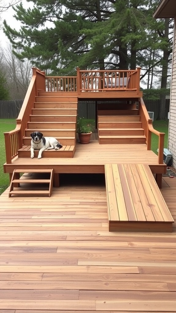 A multi-level wooden deck with stairs and a ramp, featuring a dog lounging on the lower level.