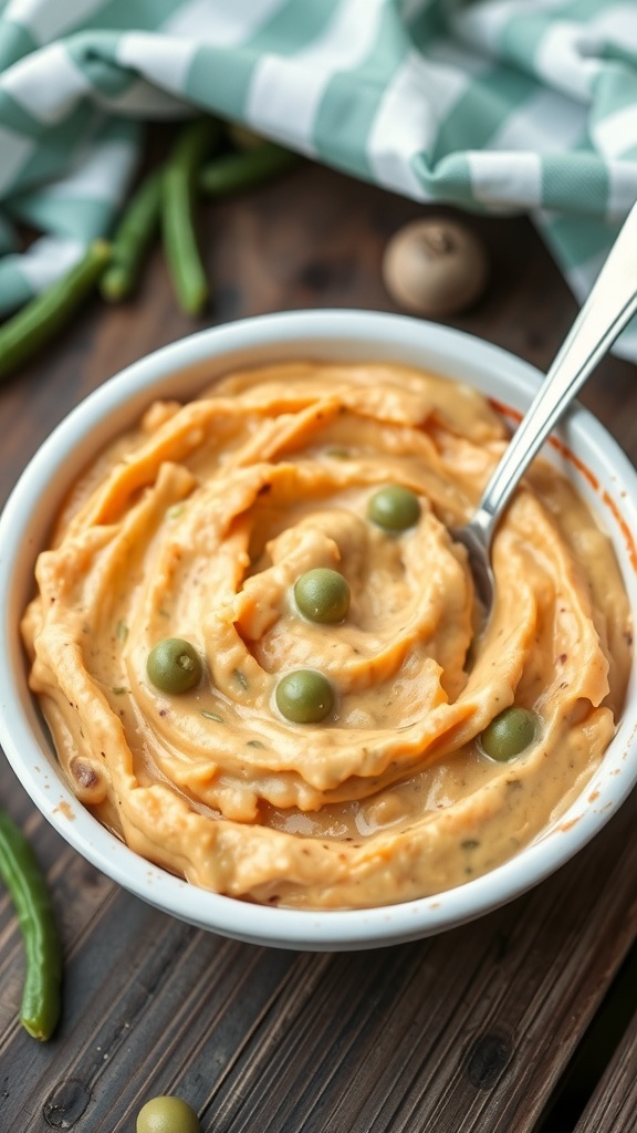A bowl of sweet potato and green bean mash with green beans scattered around.