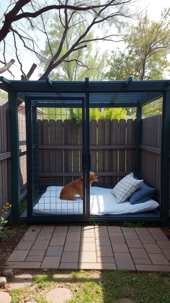 A spacious outdoor dog kennel with a shaded area, featuring a dog lounging on a bed with pillows.