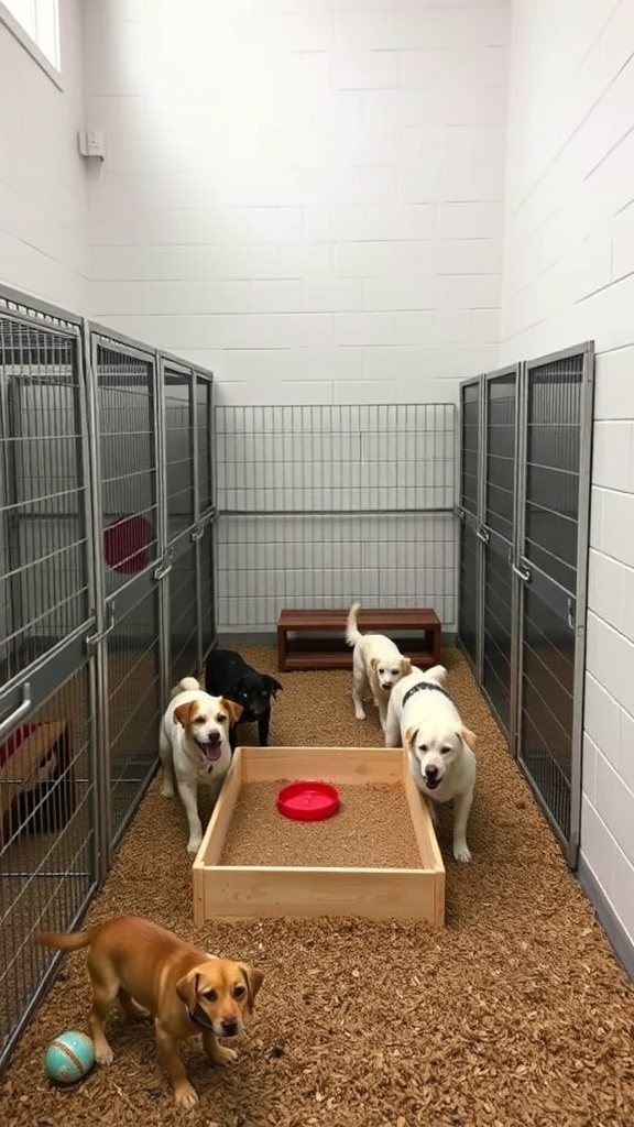 A spacious dog kennel with multiple individual kennels and a central play area featuring dogs playing and a water bowl.