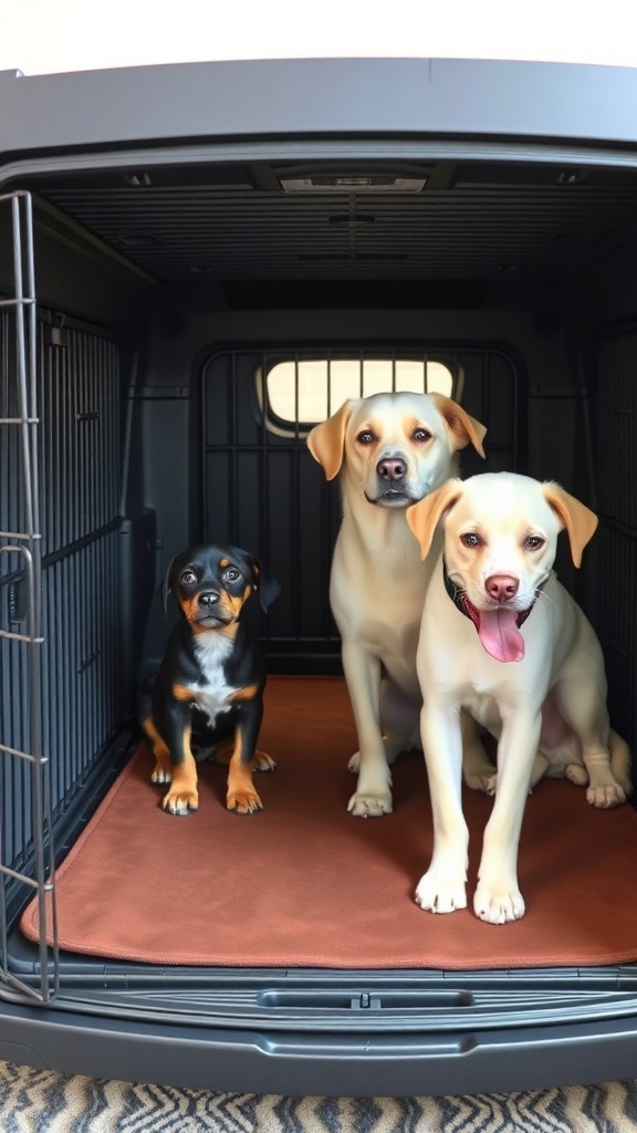 Three dogs in a crate with a divider, showcasing a functional design for multiple pets.