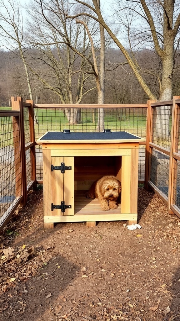 A wooden pallet dog house with a dog inside, surrounded by a fenced area and trees in the background.
