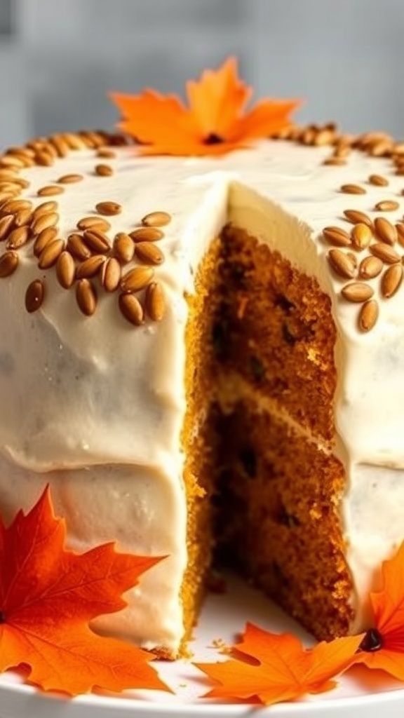 A decorative pumpkin spice dog cake with a dog face on top, adorned with autumn leaves and pumpkin seeds.