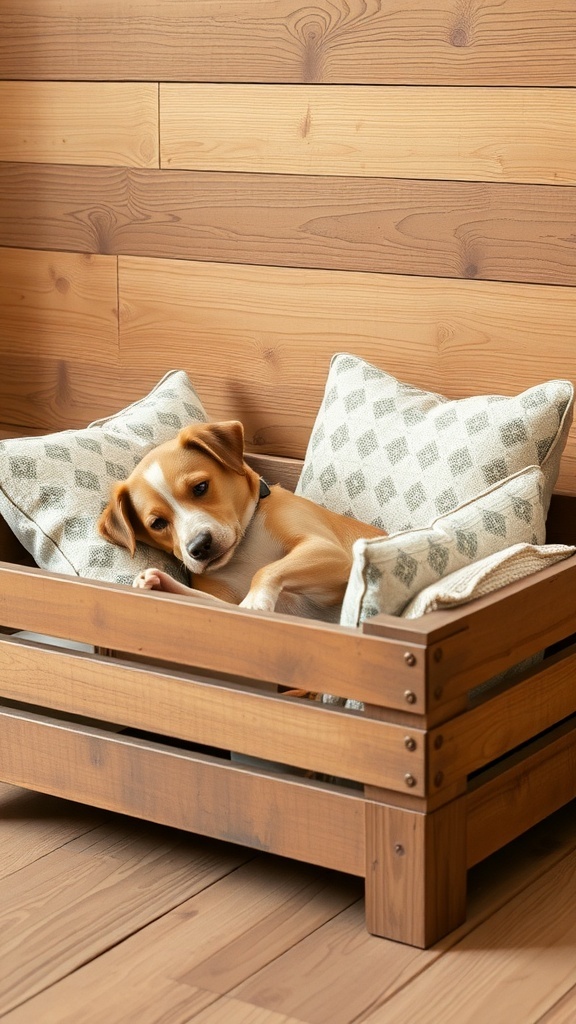 A dog lounging in a cozy wooden crate bed with pillows