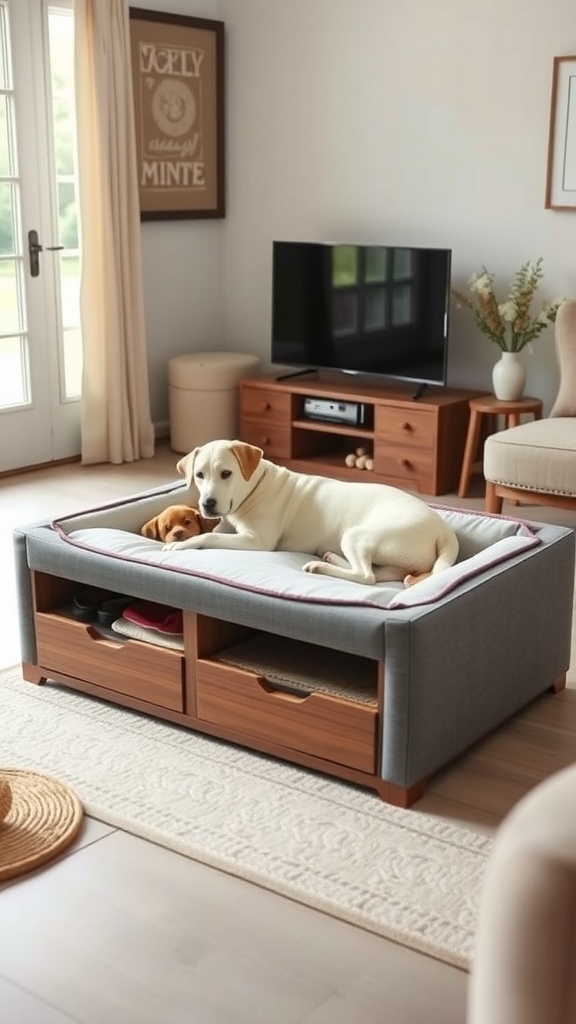 A dog lounging on a stylish bed with built-in storage in a modern living room.