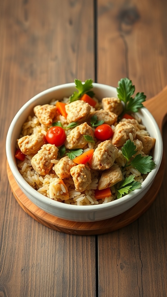 A bowl of homemade chicken and rice for dogs, featuring chicken pieces, rice, and colorful vegetables.