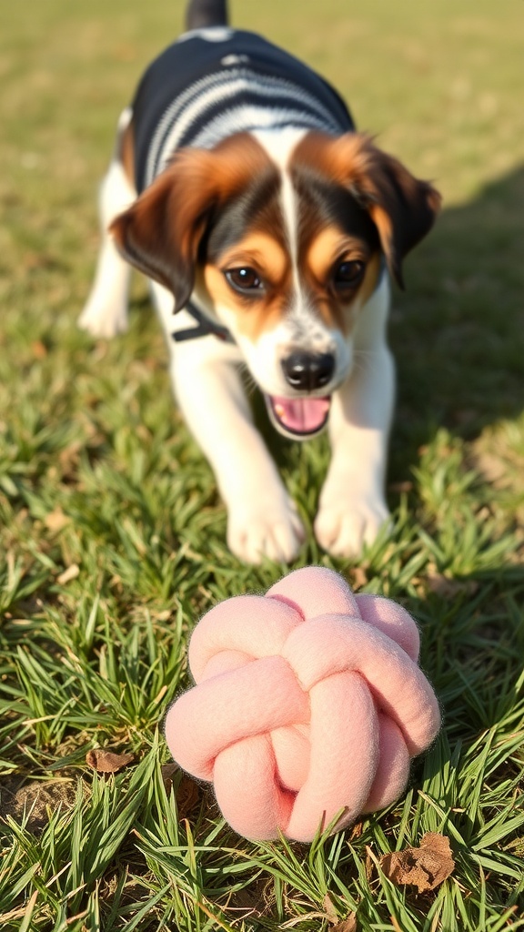 A playful dog approaching a pink fleece knot ball on grass.
