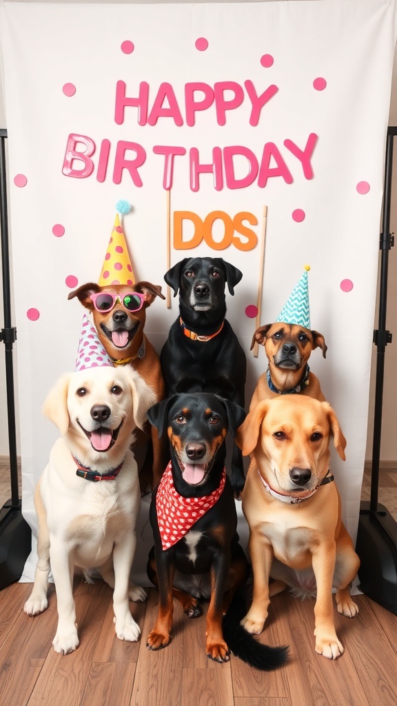 A group of dogs in party hats posing in front of a colorful birthday backdrop.