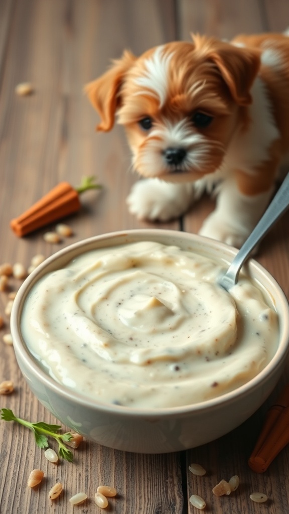 A bowl of creamy vegetable and rice pudding with a curious puppy in the background.