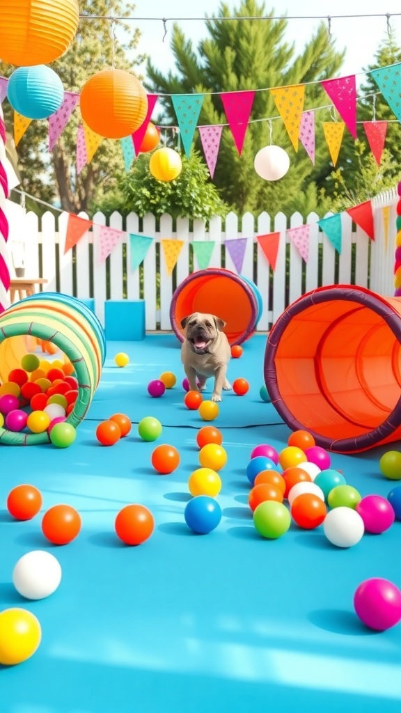 A festive outdoor dog play area with colorful decorations, balls, and tunnels.