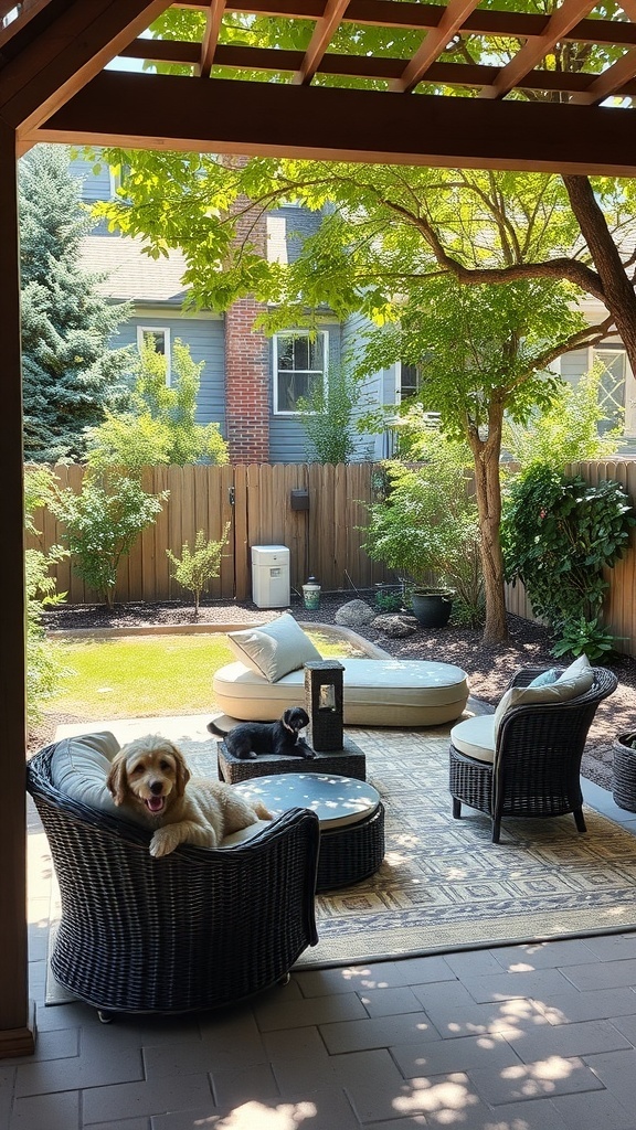 A cozy backyard nook with pet-friendly furniture, featuring a golden retriever and a smaller dog relaxing in the shade.