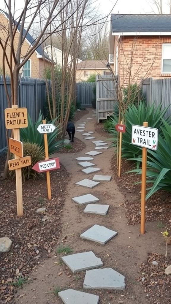 Backyard dog run with a themed trail and signs