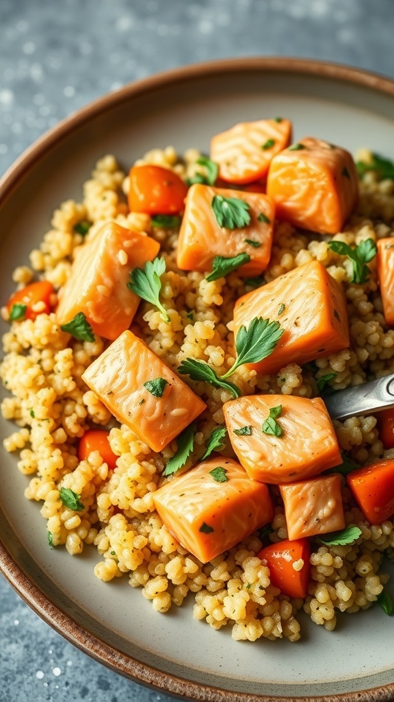 A bowl of salmon and quinoa dog food with carrots and parsley