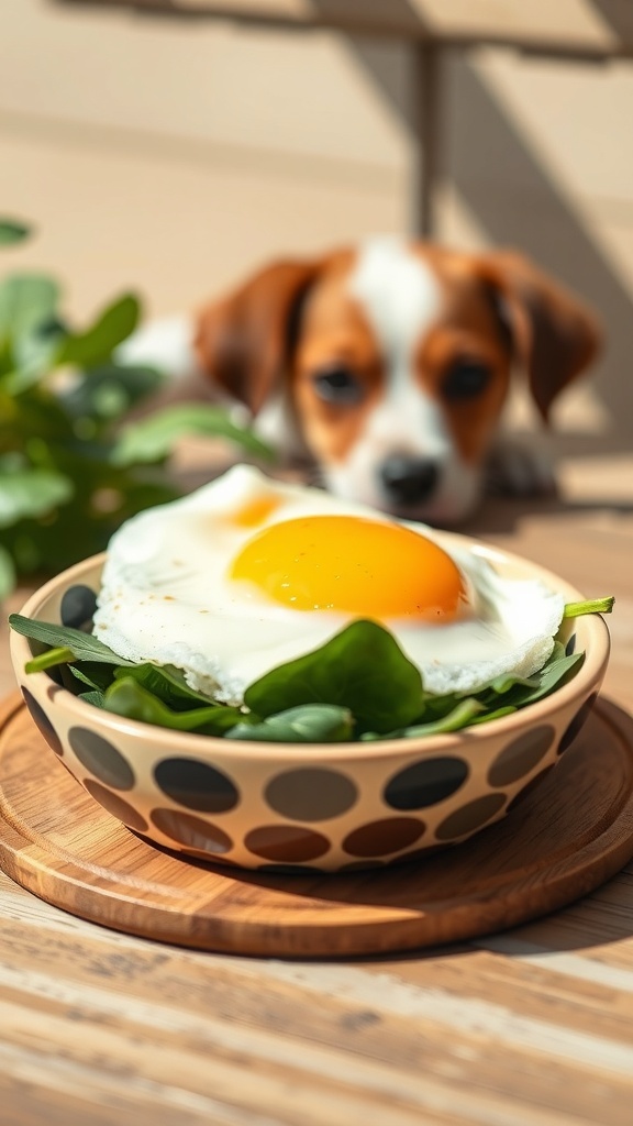 A bowl of spinach topped with a fried egg, with a dog in the background.