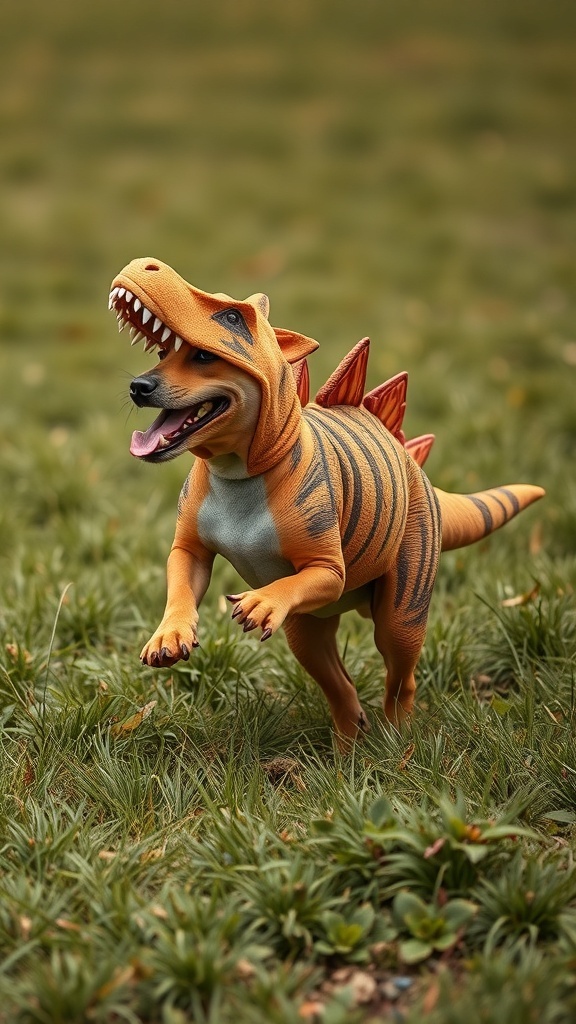 A playful dog wearing a dinosaur costume, running in a grassy field.