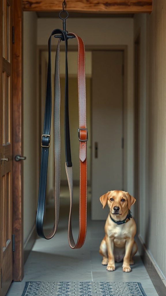 A few dog leashes made from old belts hanging on a hook, with a dog sitting nearby.