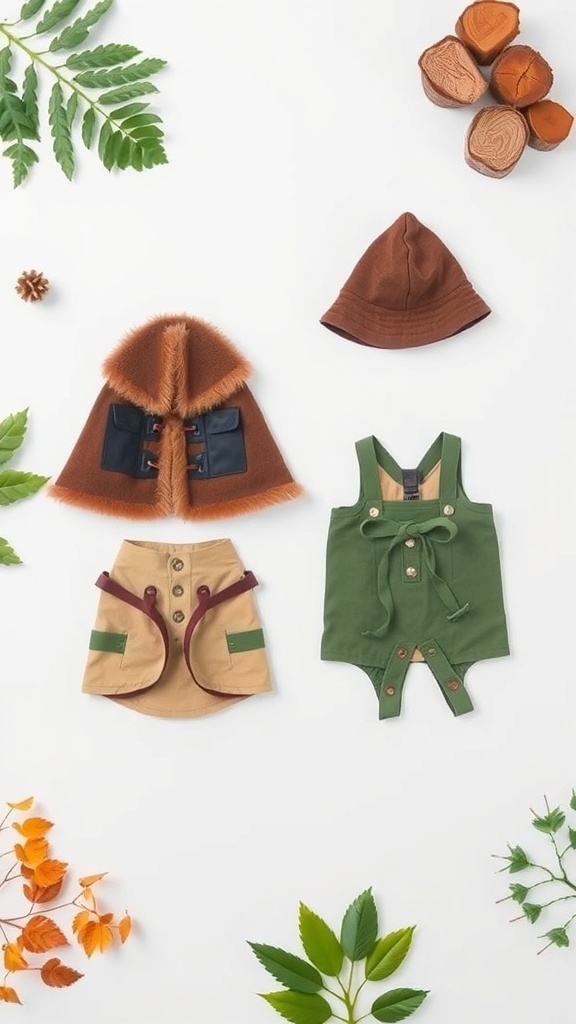 A collection of eco-friendly dog walking outfits including a brown hooded coat, a green overall, and a beige skirt, surrounded by leaves and wooden pieces.