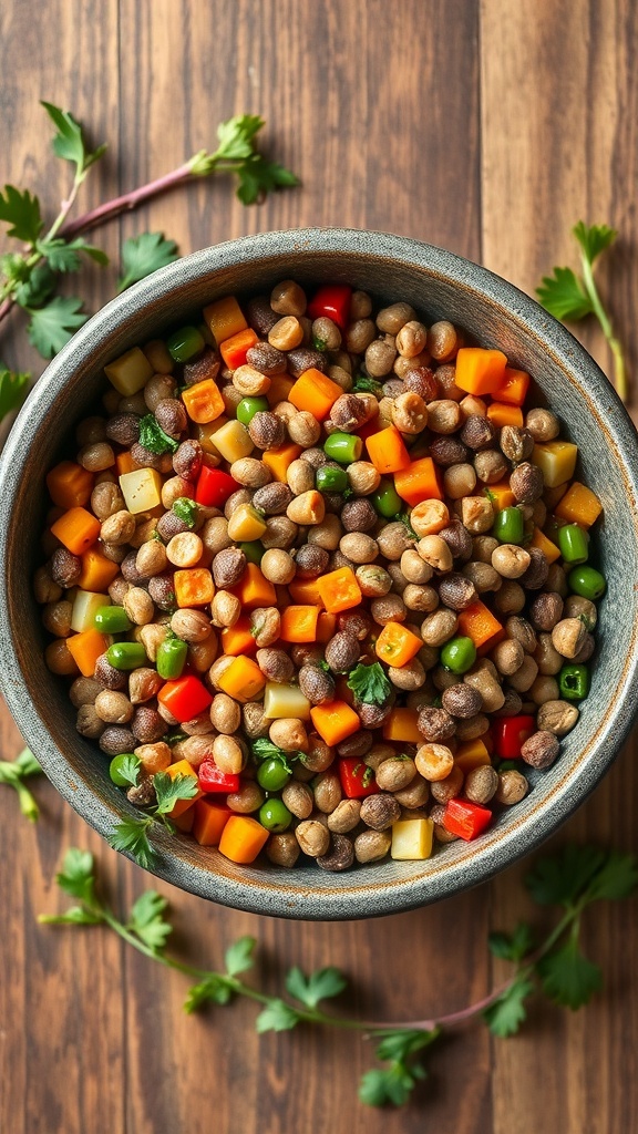 A bowl of colorful vegetable and lentil blend for homemade dog food