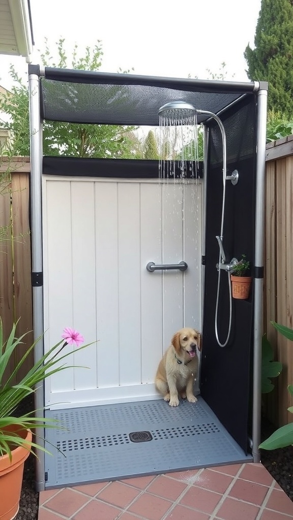 A backyard dog shower with a privacy screen, featuring a showerhead and a happy dog sitting on a non-slip floor.