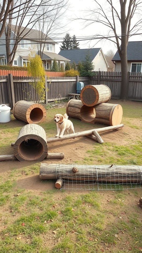 A backyard obstacle course for dogs featuring logs and tunnels, with a dog standing on a log.