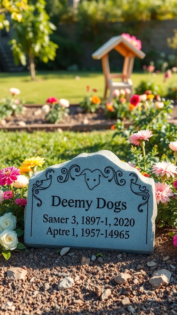 Personalized engraved stone marker for a dog memorial, surrounded by flowers in a garden.