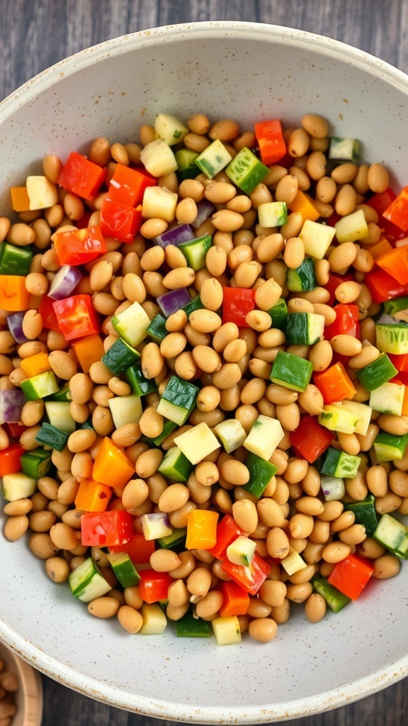 A colorful bowl of vegetable and lentil mix for homemade dog food.