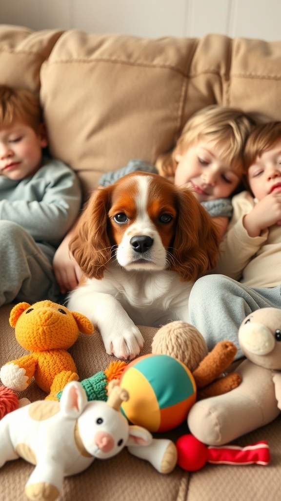 A Cavalier King Charles Spaniel sitting on a couch with children, surrounded by toys.