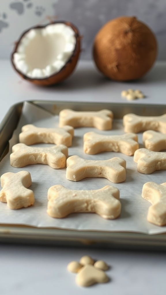 Bone-shaped coconut flour dog treats on a baking tray with a coconut in the background.