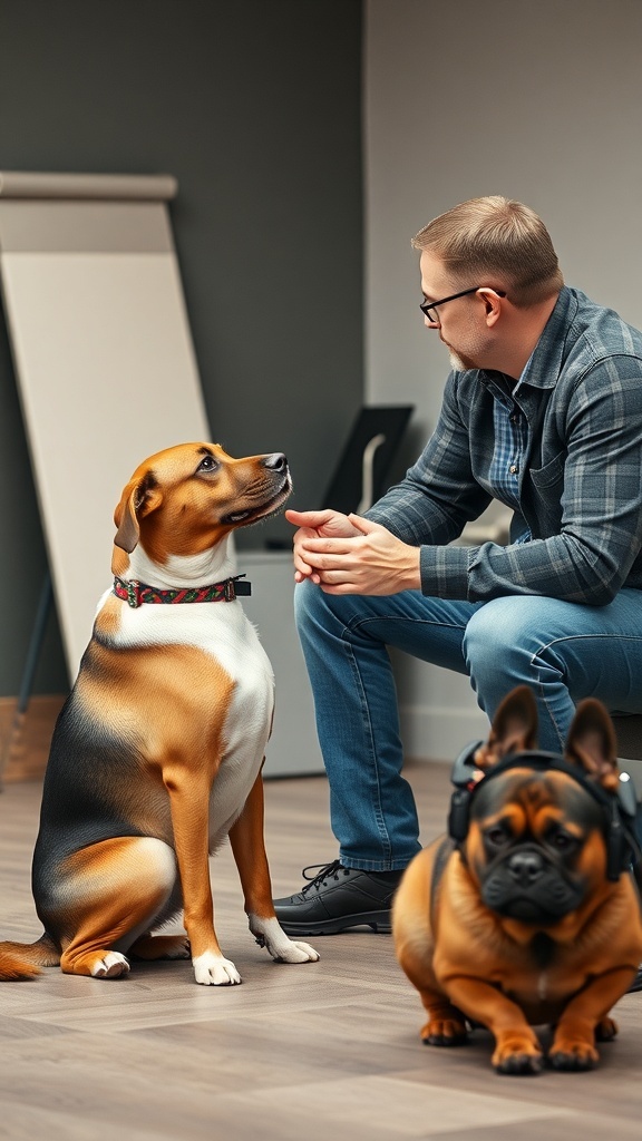 A trainer kneeling with two dogs, focusing on basic commands in a training session.