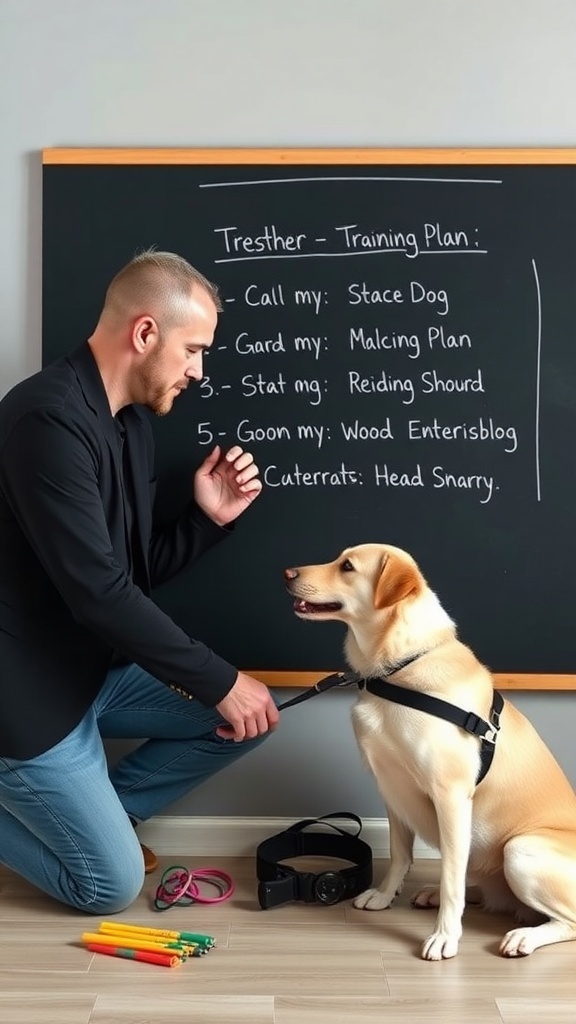 A person kneeling next to a dog, looking at a chalkboard with a training plan.