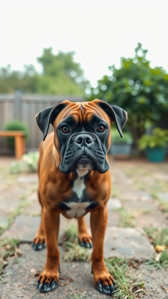 A confident Boxer dog standing in a garden, showcasing its muscular build and alert expression.