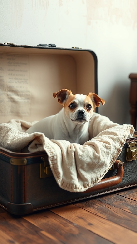 A small dog resting comfortably in a vintage suitcase lined with a soft blanket.