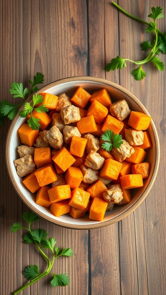 Bowl of chicken and sweet potato dog food with cilantro on a wooden table