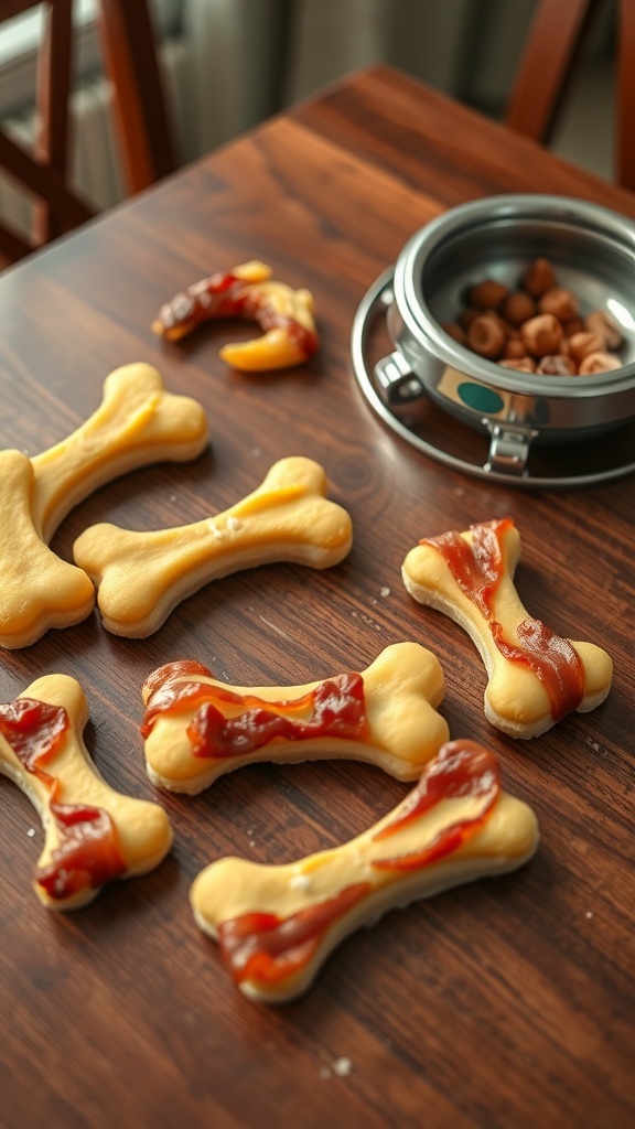 Homemade dog treats shaped like bones, topped with a red drizzle, on a wooden table next to a dog bowl.