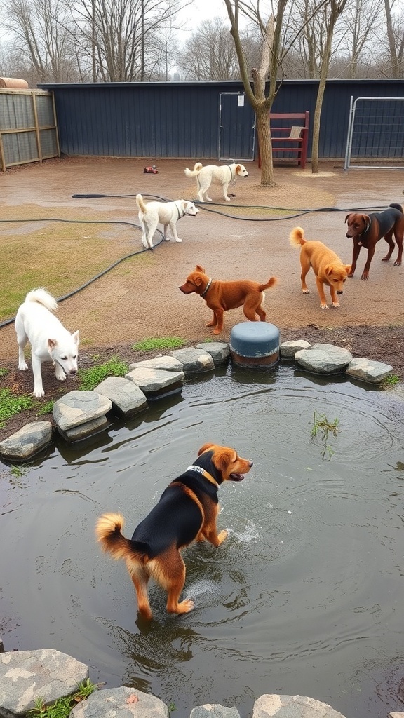 Dogs playing around a pond in a dog run, enjoying the water and each other's company.