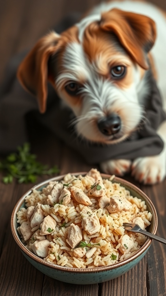 A bowl of chicken and rice medley with a dog looking at it.