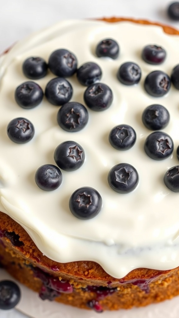 A delicious blueberry and yogurt frosted cake for dogs, topped with fresh blueberries.