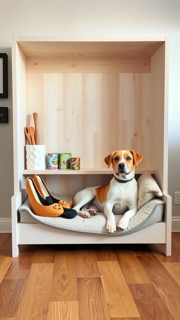 A cozy DIY dog bed with storage, featuring a wooden frame and shelves for pet items.