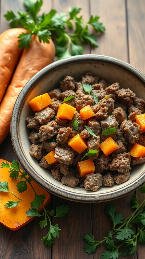 A bowl of beef and sweet potato medley for dogs, garnished with parsley, alongside fresh sweet potatoes and carrots.