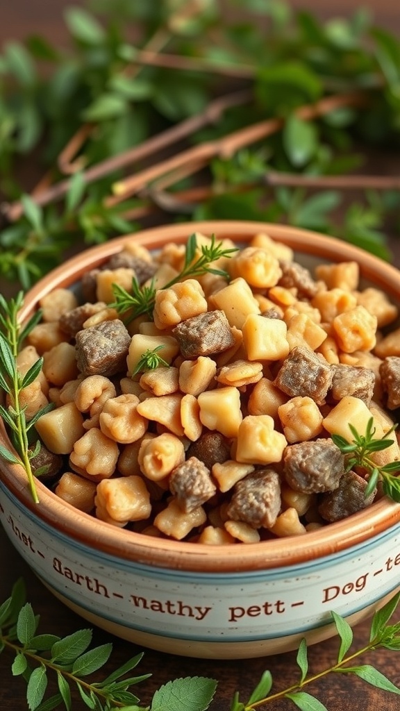 A bowl of homemade dog food featuring lamb and brown rice with vegetables, surrounded by fresh herbs.